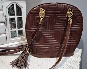 Vintage Valentino Orlandi Shoulder Bag Quilted Brown Leather with Gold Accents and Tassles