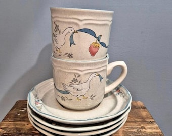 Marmalade Goose Stoneware Tea Cup and Saucer Plates, Vintage Intl China Japan 6 Piece Replacement Lot, Farmhouse Kitchen Grandmacore Gift