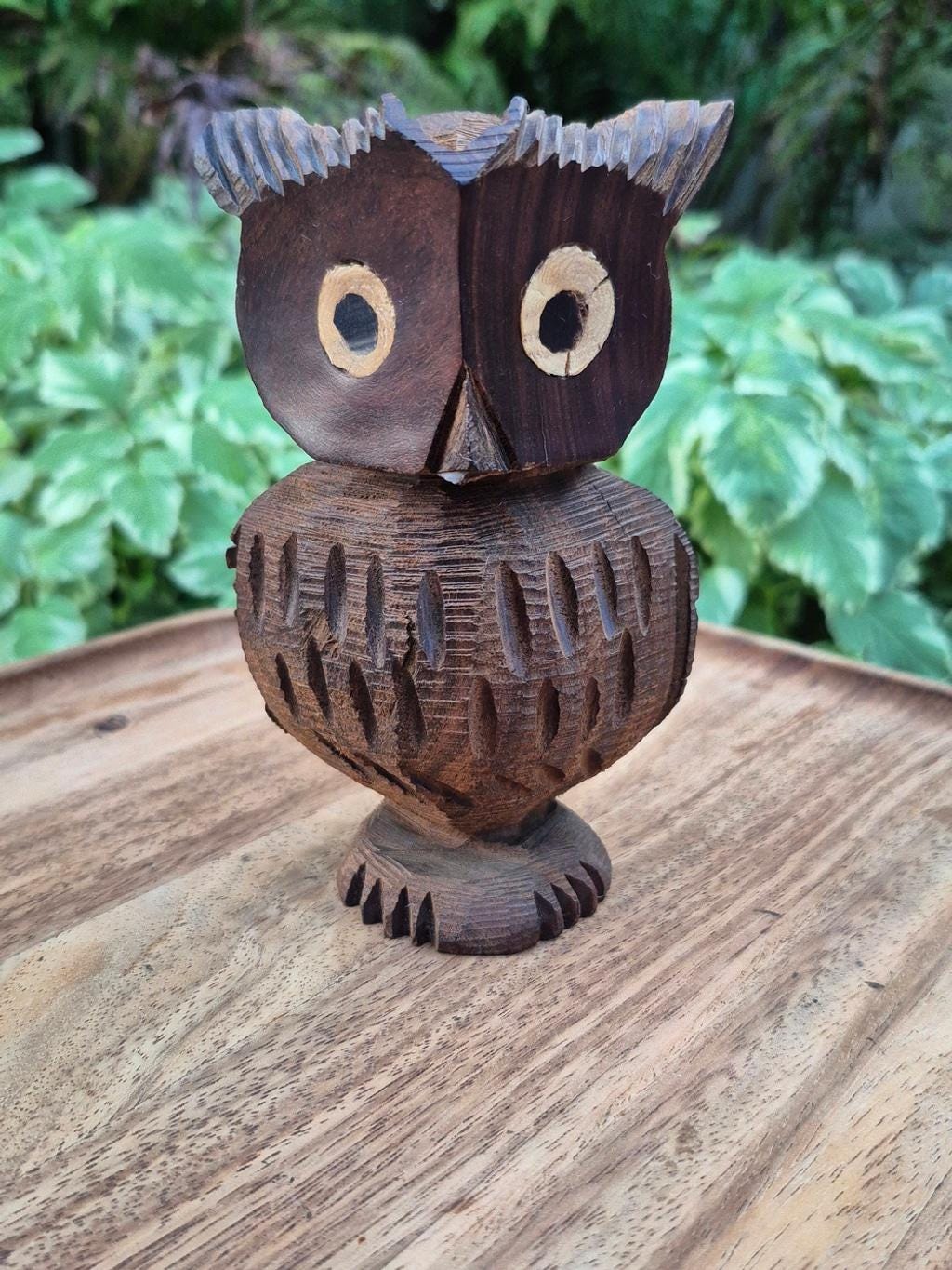 Vintage Hand Carved Solid Wood Owl Figurine MCM Folk Art 5.5"