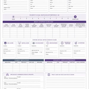 May include: A white and purple Behet's Disease Flare Tracker. The form includes sections for patient information, doctor's notes, a severity scale, and a multi-system flare log. It also has sections for medications and reminders.