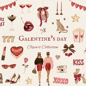 May include: A digital clipart collection featuring illustrations of red hearts, martinis, a disco ball, a leopard, a pool ball, popcorn, pizza, a cake, lipstick, sunglasses, handbags, high heels, cameras, and two figures in red skirts.