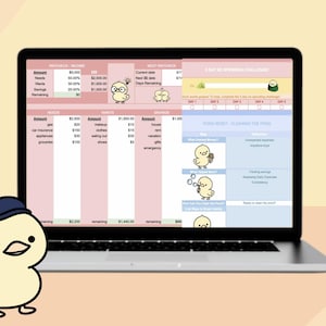 May include: A laptop displays a pink and white spreadsheet with financial categories and amounts. A cartoon chick wearing a blue hat is in the foreground. The spreadsheet includes text such as "Needs", "Wants", and "Savings".
