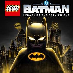 May include: Deluxe Edition LEGO Batman: Legacy of the Dark Knight video game cover. The image features a LEGO Batman figure with a glowing yellow bat symbol on his chest. The background shows a cityscape with the Batman logo.