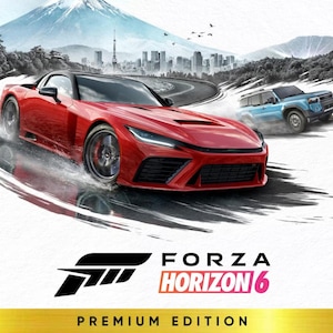 Könnte beinhalten: Ein roter Sportwagen fährt auf einer kurvenreichen Straße, mit einem blauen SUV im Hintergrund. Das Bild zeigt einen Berg und eine Skyline. Das Forza Horizon 6 Logo und der Text "Premium Edition" befinden sich unten.