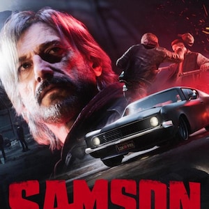 Könnte beinhalten: Filmposter für "Samson" mit einem Mann mit grauem Haar und Bart, einem schwarzen Muscle-Car und Figuren im Hintergrund. Der Titel "SAMSON" steht in großen roten Buchstaben unten. Das Auto hat ein Nummernschild mit der Aufschrift "LDK 993".