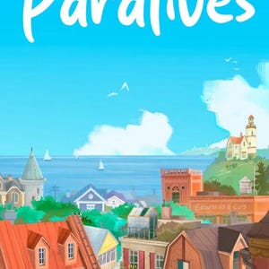 Puede incluir: Una ilustración digital con el texto Paralives en blanco sobre un cielo azul brillante. Debajo, una escena de pueblo costero muestra casas coloridas con tejados rojos y marrones, árboles verdes, un pozo de piedra y un faro lejano.
