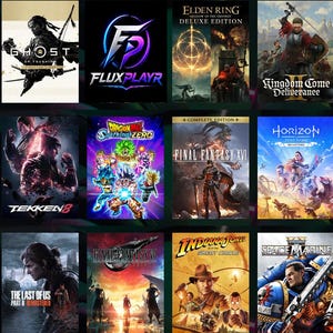 May include: A collection of video game box art featuring titles like "Ghost of Tsushima," "Elden Ring," "Tekken 8," "Final Fantasy XVI," and "Horizon Zero Dawn." The covers showcase diverse characters and action scenes, with logos and titles prominently displayed.