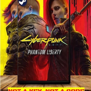 以下が含まれることがあります： サイバーパンク2077：ファントム・リバティのゲームボックス。女性が銃を持っている未来的なデザイン。Steamのロゴが見えます。「NOT A KEY NOT A CODE SHARED ACCESS OFFLINE」のテキストが下部にあります。