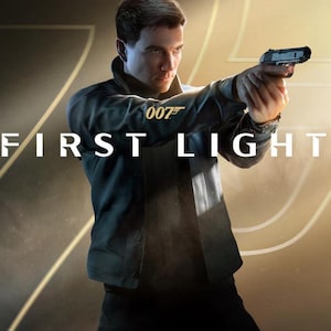 May include: A man in a black jacket holding a handgun, with the text "FIRST LIGHT" in white. The number "007" is visible on the jacket. The background has a gold and brown color scheme.