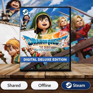 Puede incluir: Caja de videojuego de Dragon Quest VII: Reimagined, Digital Deluxe Edition. La caja presenta personajes de dibujos animados y el logotipo de Steam. La caja del juego está sobre una superficie de madera con las palabras "Shared", "Offline" y "Steam" debajo.