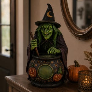 Witch Cauldron Lantern, Halloween Pumpkin Desk Decoration, Gothic Autumn Mantel Accent