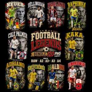 以下が含まれることがあります： Football Legends Bundle 120 PNGというタイトルのデジタルグラフィックコレクション。ノイアー、ベリンガム、ハーランド、ハフィーニャ、パーマー、カカ、アドリアーノ、シェフチェンコ、マルディーニ、レヴァンドフスキなどのサッカー選手のポートレートやアクションショットが描かれています。
