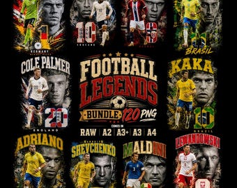 120 Football World Cup Legends Bundle, Vintage Halftone PNGs Digital Download | A2 A3+ A3 A4 | DTF and DTG Ready