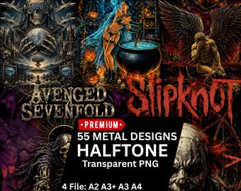55 Premium Metal Band Designs DTF & DTG Print Ready. Halftone Bundle
