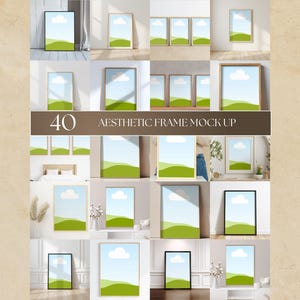 May include: A collection of 40 digital frame mockups featuring various interior settings. Each frame displays a graphic illustration of a blue sky with a white cloud over green rolling hills. The text 40 AESTHETIC FRAME MOCK UP is centred.