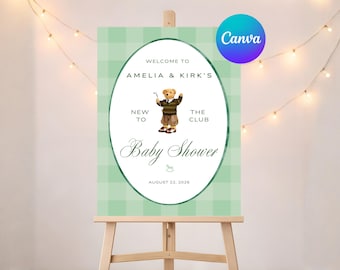 Preppy Teddy Bear Baby Shower Welcome Sign, Green Gingham Polo Golf Theme, Grandmillenial Decor, Editable Canva Template (Digital Download)