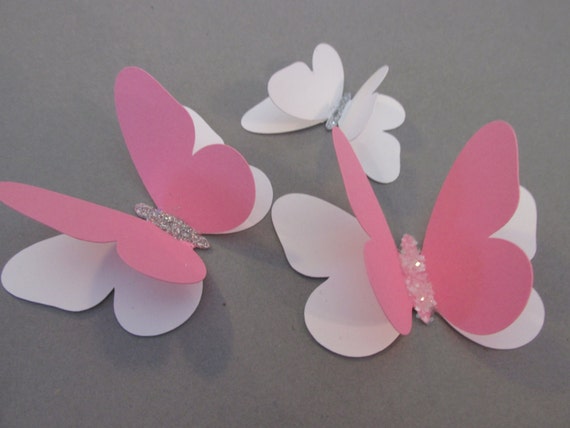 WHITE CARD 12 SMALL 3D DIE CUT BUTTERFLY TOPPERS PINK GLITTER