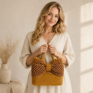 May include: A mustard yellow crochet handbag featuring a large, decorative bow on the front. The bow is crafted with a darker brown open-weave mesh pattern, while the base of the bag is made of a dense, solid mustard yellow crochet stitch.