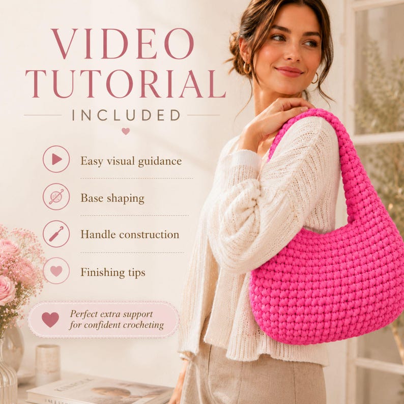 Chunky Crochet Hobo Bag Pattern PDF, T-Shirt Yarn Bag Pattern, Modern Shoulder Purse, Video Tutorial