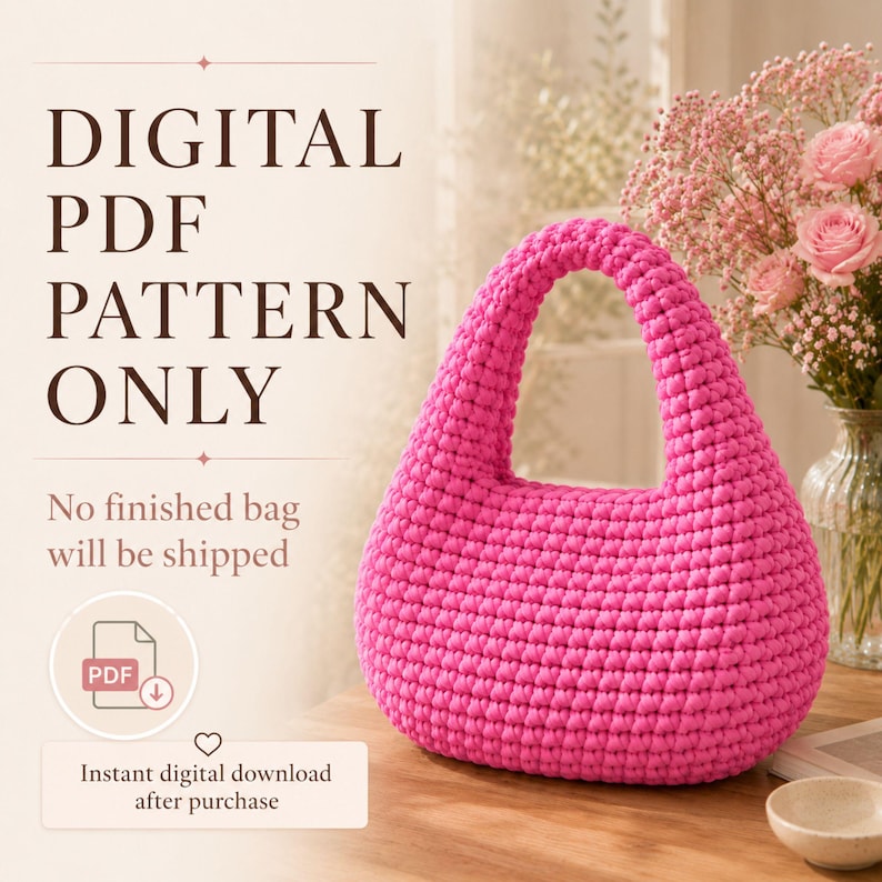 Chunky Crochet Hobo Bag Pattern PDF, T-Shirt Yarn Bag Pattern, Modern Shoulder Purse, Video Tutorial