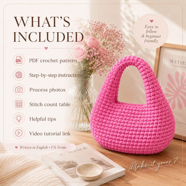 Chunky Crochet Hobo Bag Pattern PDF, T-Shirt Yarn Bag Pattern, Modern Shoulder Purse, Video Tutorial