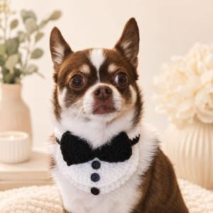 Peut inclure: Un petit chien marron et blanc portant un col crocheté blanc avec un nœud papillon crocheté noir et trois petits boutons noirs au centre. Le col est conçu pour ressembler à un devant de chemise formel avec un accessoire de type smoking.