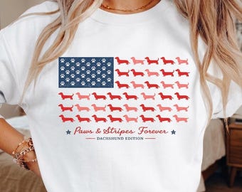 Patriotic Dog 4th of July PNG, Paws and Stripes Forever Dachshund PNG, Doxie USA Flag Shirt Design, Dog Lover Sublimation, Independence Day