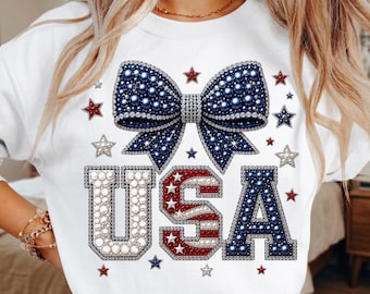 Coquette Usa Bow PNG, Patriotic Fourth of July Design, Pearl Rhinestone Bow, American Flag Shirt PNG, Instant Download