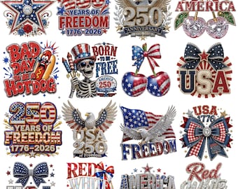 Paquete PNG de 250 imágenes de Estados Unidos (1776-2026), diseños patrióticos con purpurina, PNG del 4 de julio, archivos de sublimación de cumpleaños de EE. UU., descarga instantánea, PNG de Estados Unidos
