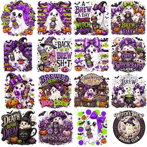 May include: A collection of sixteen digital illustrations featuring cartoon ghosts wearing purple witch hats and bows, holding energy drinks, surrounded by pumpkins, skulls, and text like A Brew A Day, Witchcraft Later, and Boo Crew in purple and green.
