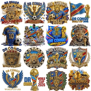 以下が含まれることがあります： ヒョウ、コンゴ民主共和国の国旗、および「DR CONGO WORLD CUP 2026」のテキストが描かれた16種類のグラフィックデザイン集。サッカーユニフォーム、トロフィー、王冠、盾などが、青、黄、赤のメタリックな質感で表現されています。