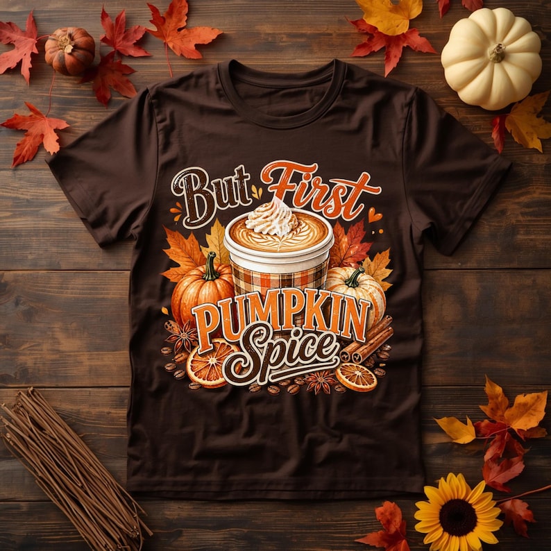 May include: A dark brown short-sleeve t-shirt featuring a graphic print of a coffee cup with whipped cream, surrounded by pumpkins, cinnamon sticks, and orange slices. The text reads But First Pumpkin Spice in a decorative orange and white font.