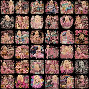 Könnte beinhalten: Eine Sammlung von fünfunddreißig verschiedenen Grafikdesigns mit Dolly Parton in verschiedenen Outfits und Posen, umgeben von floralen Elementen, Gitarren, Regenbögen und Texten wie Dolly Parton, Country Roads und Long Live Dolly auf schwarzem Grund.