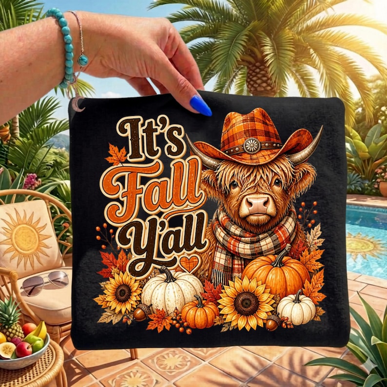 May include: A black square fabric item featuring a graphic of a Highland cow wearing a plaid cowboy hat and scarf, surrounded by pumpkins, sunflowers, and autumn leaves. The text reads It's Fall Y'all in orange and white stylized lettering.