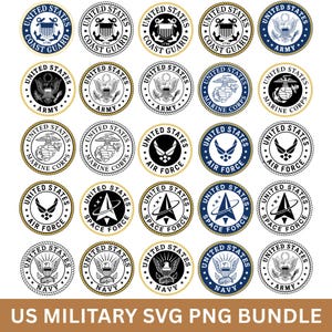 May include: A collection of twenty-five circular emblems representing various branches of the United States military, including the Coast Guard, Army, Marine Corps, Air Force, Space Force, and Navy, displayed in blue, black, and white with gold borders.