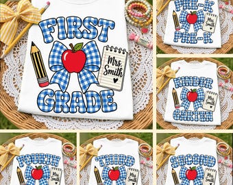 First Day Grade PNG Bundle, Personalized Teacher Name Png, Blue Gingham Bow Apple Sublimation, Pre K Kindergarten 1st 2nd 3rd 4th Grade PNG
