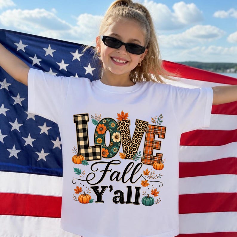 May include: A white short-sleeved t-shirt featuring a graphic print with the text LOVE Fall Y'ALL. The letters are decorated with black and white buffalo plaid, floral, leopard print, and orange plaid patterns, accented by pumpkins and leaves.