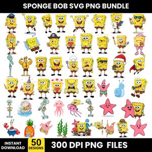 Könnte beinhalten: Eine Sammlung von 50 SpongeBob Schwammkopf SVG- und PNG-Designs. Die Bilder zeigen SpongeBob in verschiedenen Posen und Outfits, zusammen mit anderen Charakteren der Serie. Der Text oben lautet "SPONGE BOB SVG PNG BUNDLE".