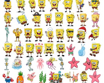 Paquete de imágenes PNG de personajes de esponjas marinas adorables, imágenes prediseñadas de dibujos animados del océano, diseño de sublimación de amigos submarinos, imágenes PNG con temática marina para niños
