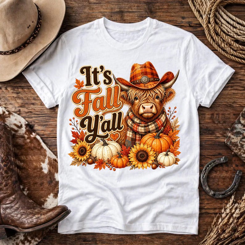May include: A white t-shirt featuring a graphic of a Highland cow wearing a plaid cowboy hat and scarf. The cow is surrounded by pumpkins, sunflowers, and autumn leaves. The text reads It's Fall Y'all in a stylized orange and brown font.