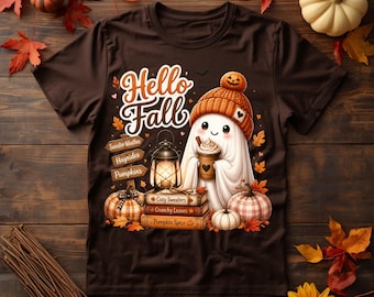 Hello Fall PNG, Cute Fall Ghost PNG, Autumn Pumpkin Sublimation Design, Cozy Fall Shirt PNG, Halloween Digital Download