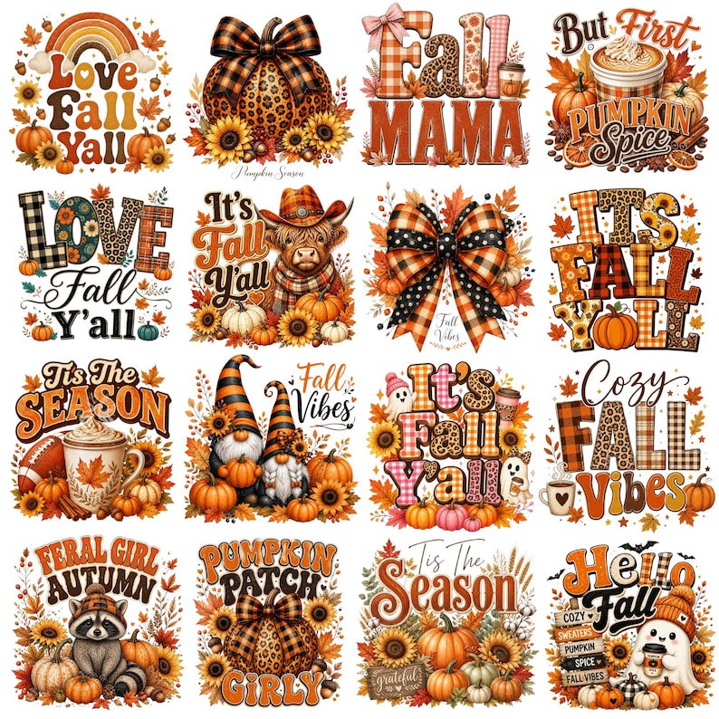 Fall PNG Bundle, Patchwork Floral Pumpkin Png,Coquette Bow Fall Png,Fall T shirt Png,Thanksgiving, Pumpkin Spice, Autumn Sublimation Designs image 2
