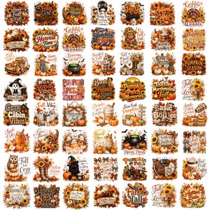 May include: A collection of forty-eight individual autumn-themed graphic designs featuring pumpkins, sunflowers, fall foliage, woodland animals, ghosts, and seasonal text like Pumpkin Spice, Harvest Time, and Fall Vibes in a grid layout.