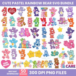 Könnte beinhalten: Eine Sammlung von pastellfarbenen Care Bears in verschiedenen Posen, mit Herzen, Blumen und Regenbogen. Das Bild enthält Text, der lautet: "CUTE PASTEL RAINBOW BEAR SVG BUNDLE", "Care Bears", "BESTIE FEST", "WE CARE", "INSTANT DOWNLOAD DESIGNS", "50 DESIGNS" und "300 DPI PNG FILES".