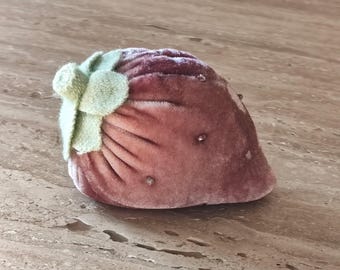 Dusty Pink Pincushion, Beaded Strawberry, Velvet Strawberry, Handmade Plush Velvet Fruit, TURKISH Emery Filled, Large Strawberry