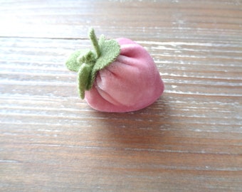 Dusty Pink Pincushion, Small Pink Velvet Strawberry, Handmade Plush Velvet Fruit, TURKISH Emery Filled, Tiny Strawberry Pincushion