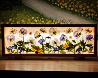 Pressed Flower Wooden Night Light, Handmade Botanical Table Lamp