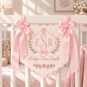 May include: A cream-coloured fabric banner with scalloped edges, featuring pink embroidered floral motifs and the monogram ESR centred within a decorative frame. The name Evelyn Rose Smith is stitched below, and two pink satin bows attach it to a crib.