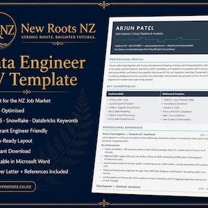 May include: A professional resume template for a Data Engineer, featuring a dark blue and gold design. The CV includes sections for professional profile, key competencies, and experience. The text highlights skills and experience relevant to the New Zealand job market.
