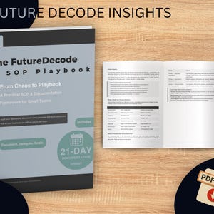 May include: A book titled "The FutureDecode SOP Playbook" with the subtitle "From Chaos to Playbook." The book is open to a spread of pages and includes a 21-day documentation sprint graphic. A PDF icon is in the lower right corner.